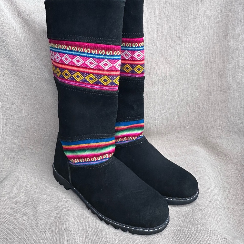 Suede Boots Cats Walking Machines Vibrant Black Colorful Embroidery